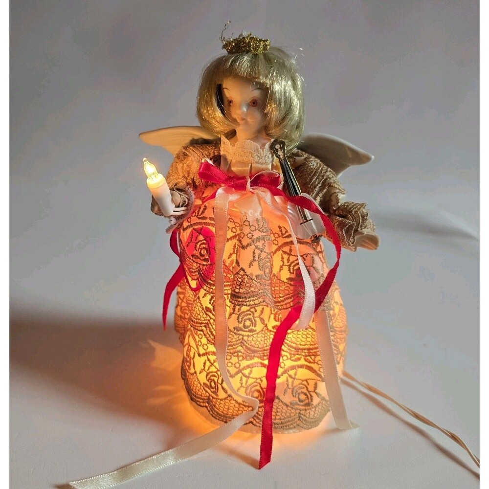 Vintage Light Up Porcelain Angel Christmas Tree Topper 8" White Blonde
